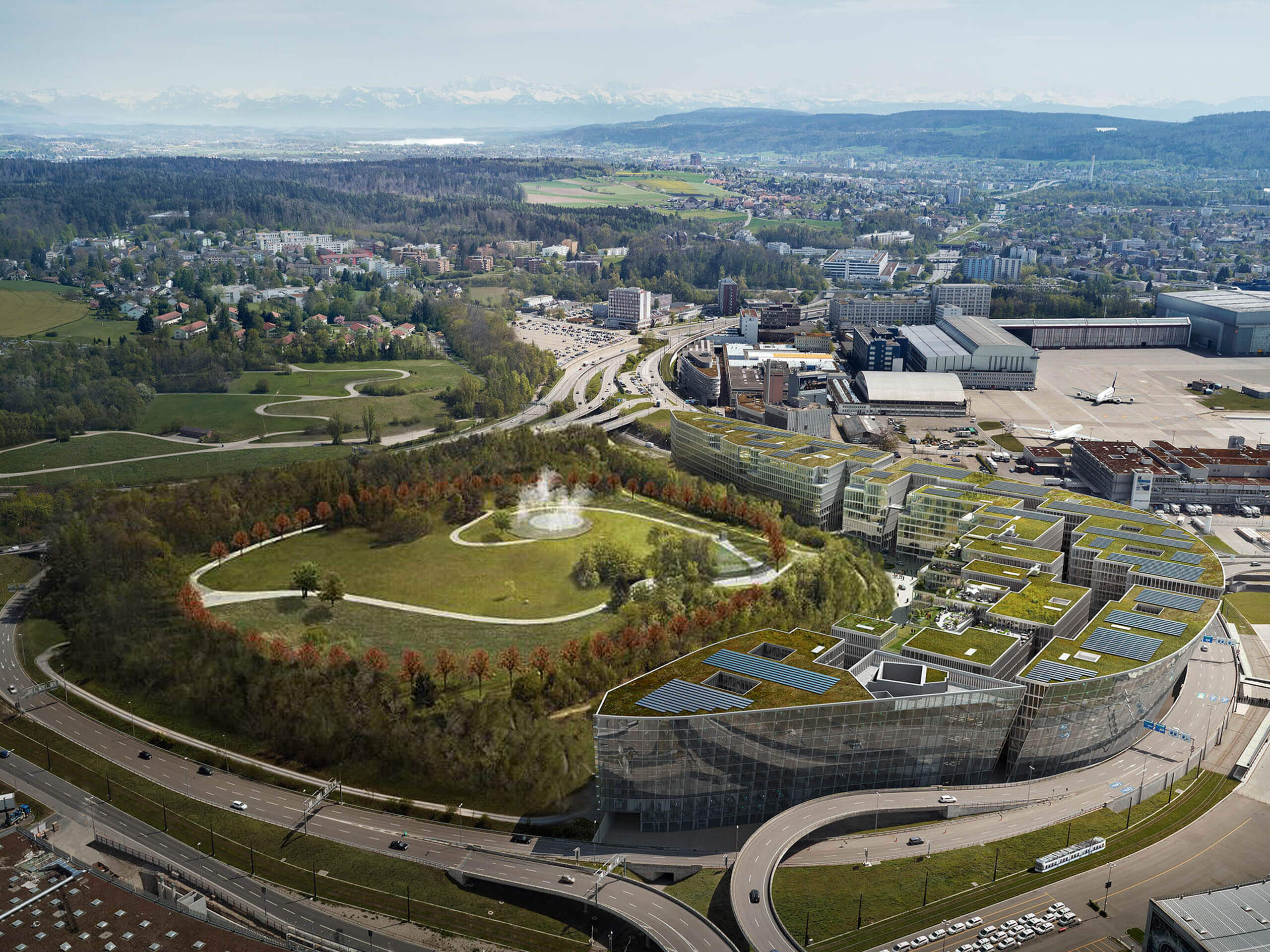Aerial view of The Circle at the Zurich Airport, Switzerland upon completion of the energy pile system